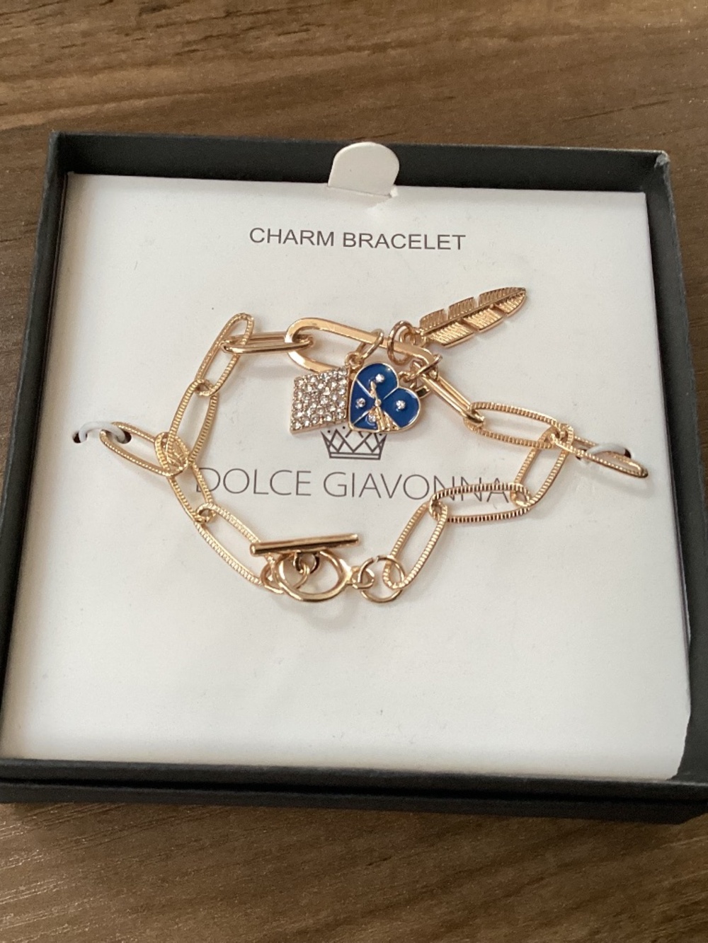 Dolce Giavonna Charm Bracelet with Feather, Diamond-shaped and Heart Charms New